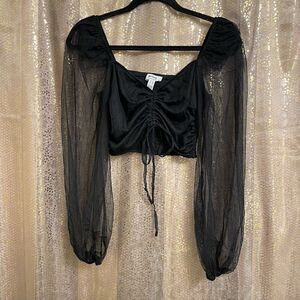 Privy Black Long Mesh Sleeve Ruched Smocked Back Cropped Top Medium
